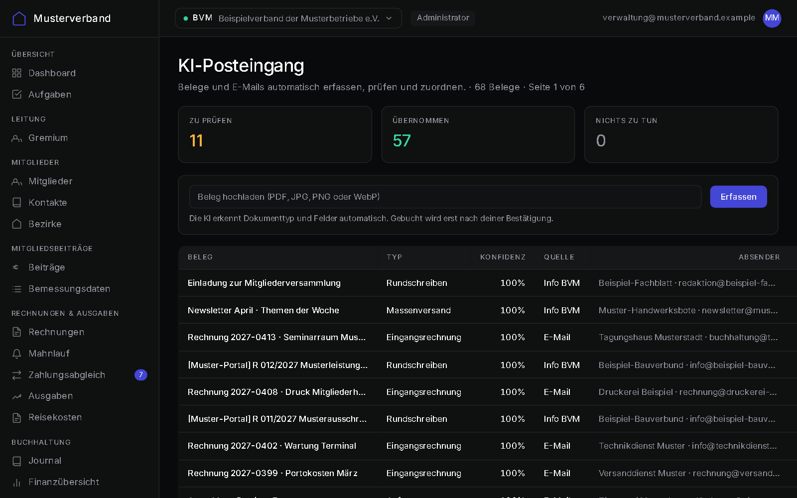 KI-Posteingang: erkannte Belege und E-Mails mit Typ, Konfidenz, Quelle, Absender und Status
