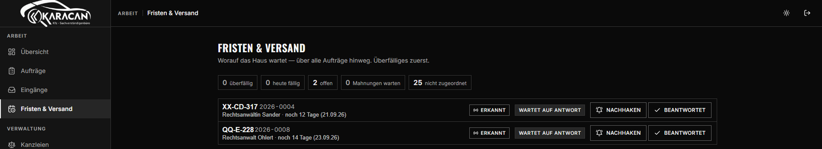 Jeder Versand an eine Kanzlei trägt seinen Zustand: wartet, überfällig, nachgehakt, beantwortet.