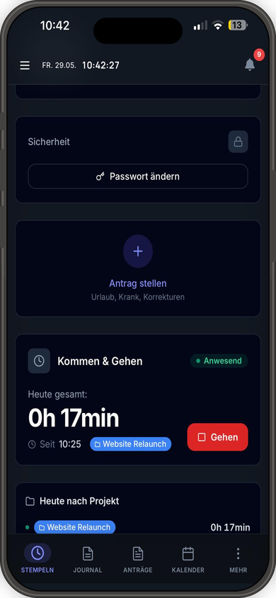 Timera App — Stempeln, Kommen & Gehen