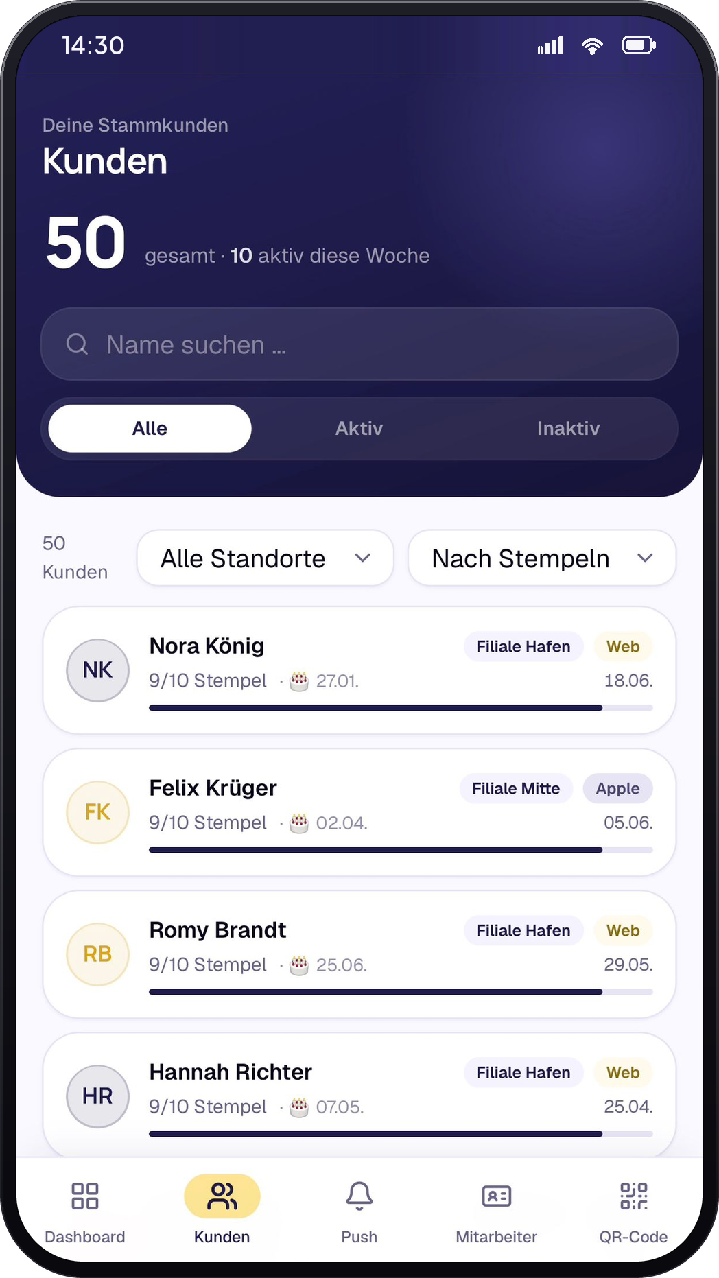 Stammspot Kundenverwaltung — Suche, Filter Aktiv/Inaktiv und Sortierung