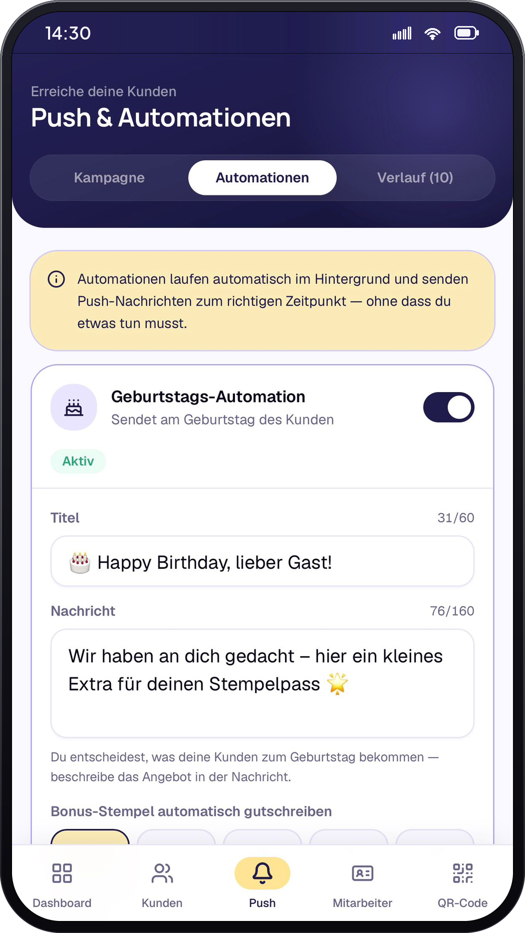 Stammspot Push & Automationen — Geburtstags-Automation und Kampagnen